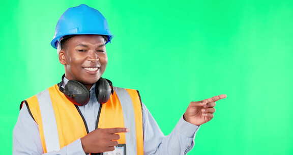 建筑工人，黑人，面带微笑，指指点点，绿屏
