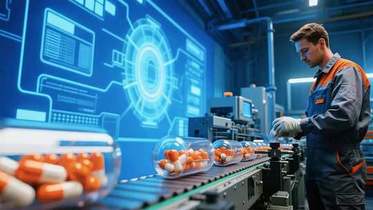 工人操作药品生产流水线