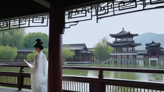 古风女子持卷湖边散步