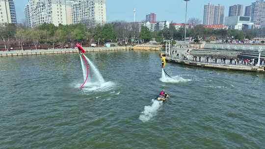 水上飞人舞狮表演航拍素材