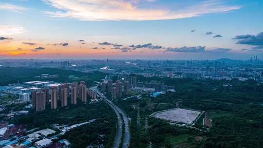 广州番禺城市繁华景观与夕阳落日晚霞航拍