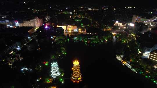 广西桂林日月双塔夜景灯光航拍
