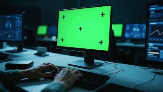 人在电脑前工作绿屏画面
