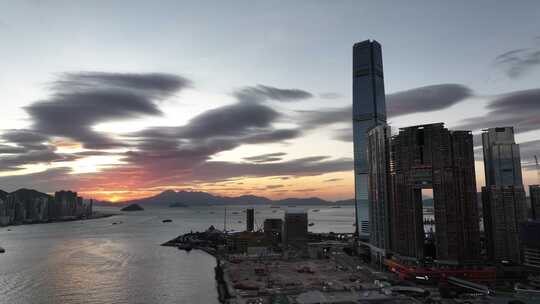 香港中港城傍晚晚霞航拍