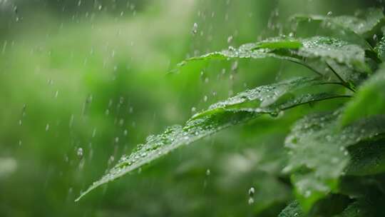 雨水雨滴落在绿色的树叶上