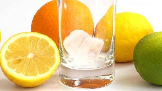 把柠檬水倒进加冰的玻璃杯里
