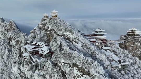 河南老君山冬季雪后云海大气航拍