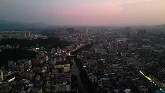 航拍陆川县老城区县城夜景