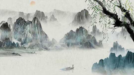 中国山水画、国风水墨画、小船泛舟山水间