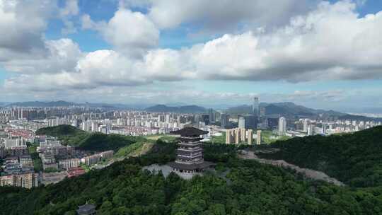 航拍浙江台州白云飞瀑公园白云阁