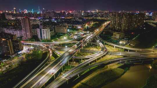 城市高架立交桥夜景航拍移动延时