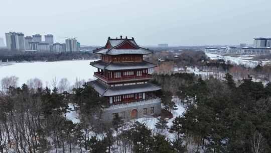 航拍戴河生态园雪景