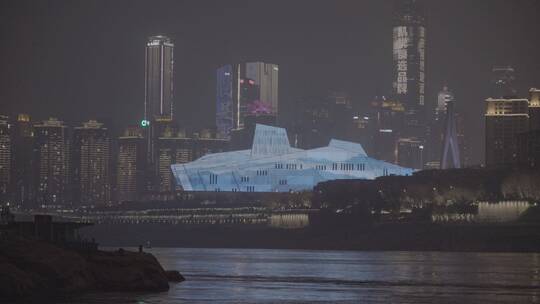 重庆 大剧院 千厮门大桥 长江夜景 灰片视频素材模板下载