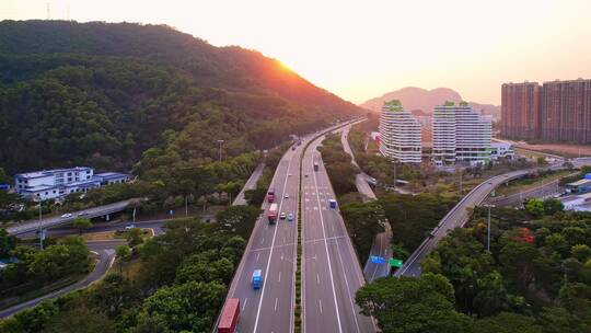 深圳龙华区城郊道路交通枢纽夕阳下航拍