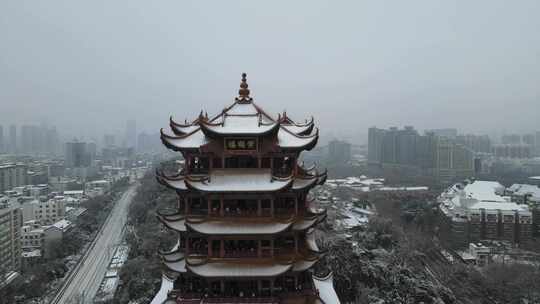 武汉武昌区黄鹤楼雪景航拍