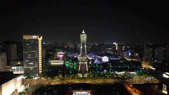 杭州城市夜景西湖广场航拍