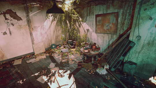 充满零星碎片和破坏的废弃房间