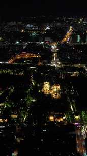 竖版航拍山东济南城市夜景老城区夜景