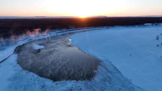 呼伦贝尔冬天自然风光湿地不冻河雪景视频素材模板下载