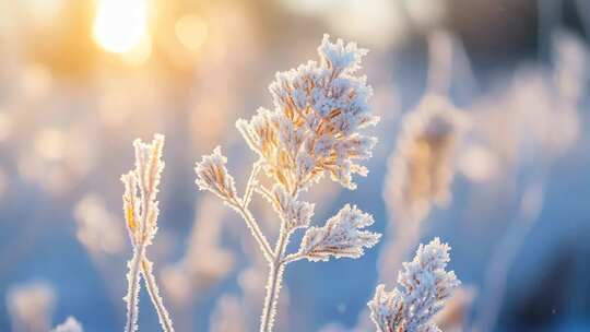 4K冬天树枝花蕊叶子结冰雪景