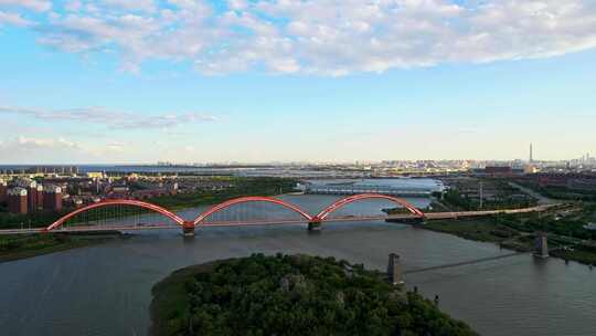 天津滨海生态城永定新河彩虹大桥城市风光