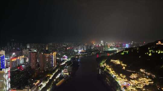 城市夜景河流与高楼鸟瞰兰州中山桥