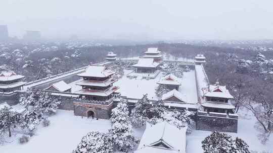 辽宁沈阳北陵公园清昭陵大雪中古建筑航拍