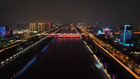 航拍太原汾河漪汾桥段夜景