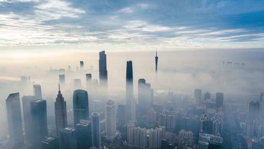 广东省广州塔日出云海航拍城市全景