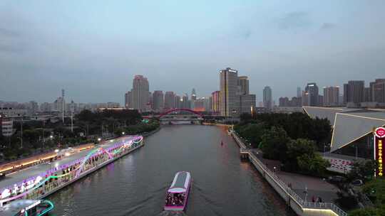 日落天津海河游船城市旅游风光航拍