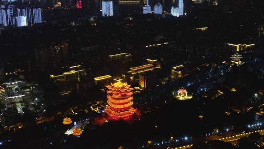 4k无人机航拍武汉城市地标黄鹤楼夜景