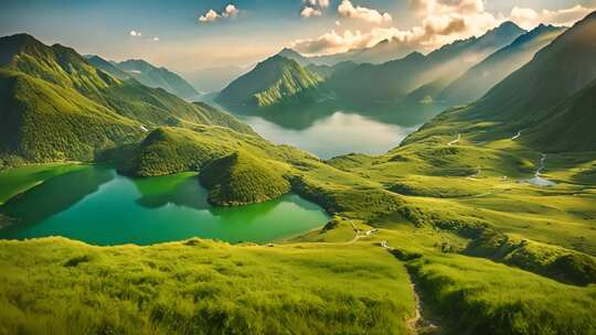 山峦湖泊自然风光全景