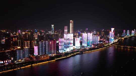 4K长沙一江两岸夜景灯光秀航拍视频素材模板下载