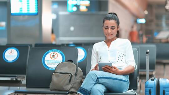 在机场使用平板电脑的乘客