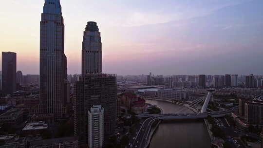 天津海河建筑风景线日落城市风光航拍