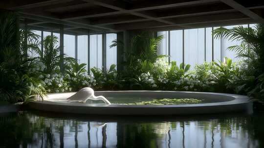 室内花园池塘白鹭驻足优雅静谧