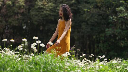 短裙美女走在开满鲜花的夏天森林草地视频素材模板下载