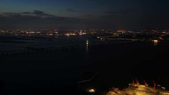 石狮泉州湾大桥夜景航拍