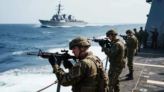 军舰上士兵持枪射击训练