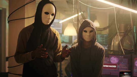 两名戴着匿名面具的黑客正在直播