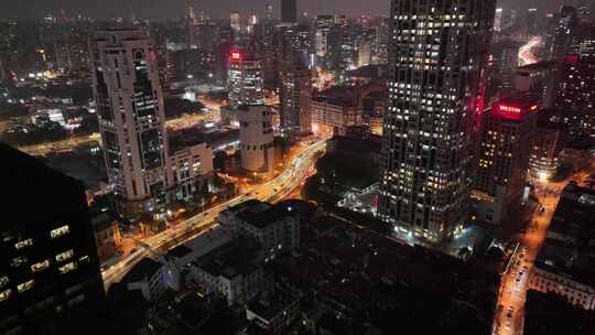 上海夜景航拍延安东路金光外滩中心黄浦区夜