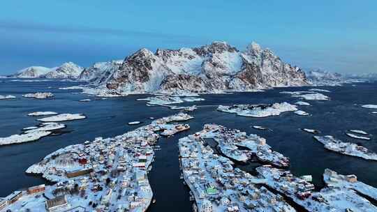 挪威罗弗敦群岛北极圈雷纳冬季雪景高空航拍