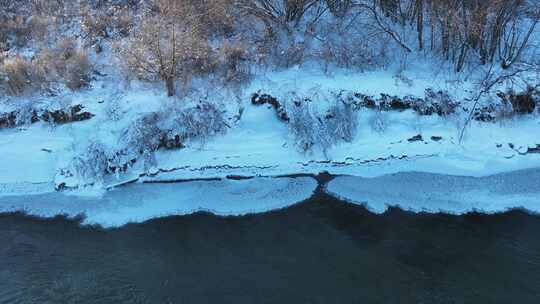 呼伦贝尔冬季自然风光不冻河湿地雪景视频素材模板下载