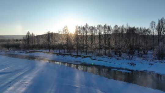 航拍林海雪原冰河冻雾朝阳