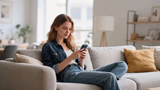 女子沙发上使用手机场景