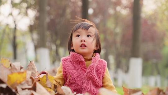秋天可爱小女孩坐着树叶堆上玩耍视频素材模板下载