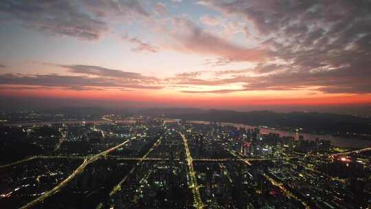 杭州滨江区城市晚霞夜景航拍