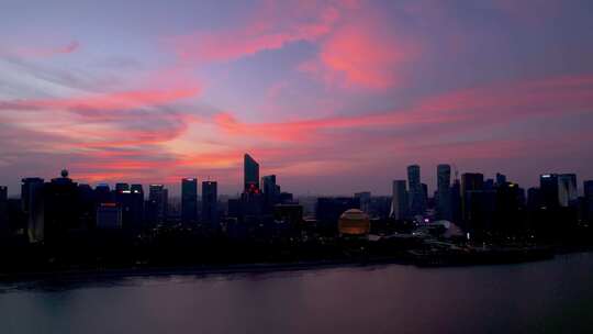 CBD城市高楼大厦杭州钱塘江晚霞夜景