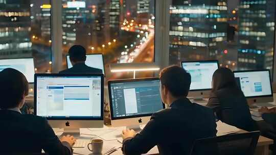 夜晚写字楼办公室职员专注加班工作画面