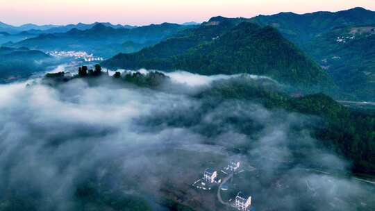 航拍安徽歙县石潭山区清晨风光4K